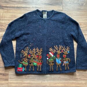 Vintage Ugly Christmas Cardigan Sweater Reindeer Bell Sz XL PET Classic Elements
